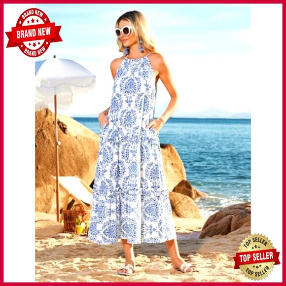 Boho Maxi Dress Flowy Halter Tiered Ruffle Summer Casual Beach Vacation - Picture 4 of 5